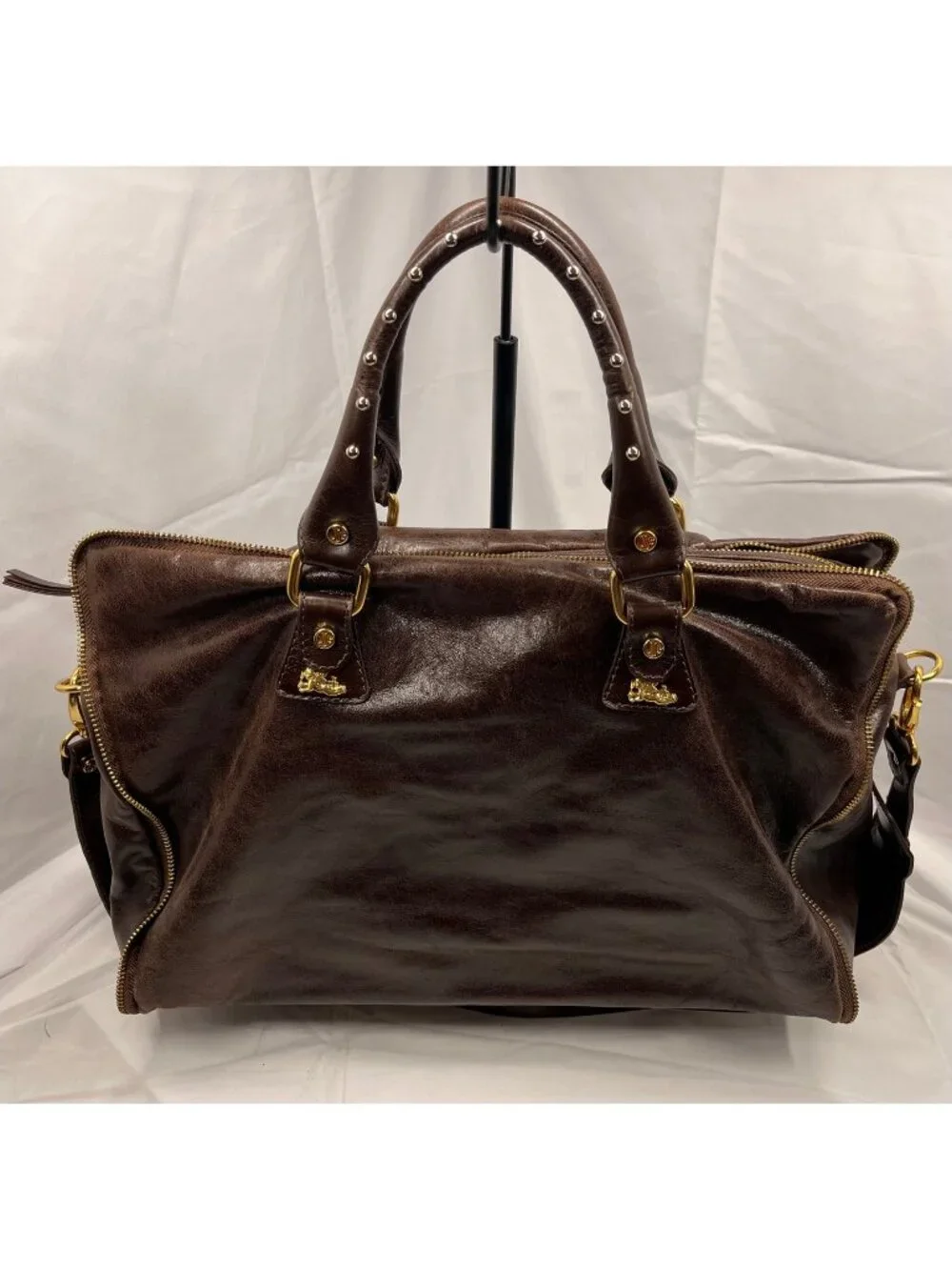 Jenrigo Italian Leather Brown Large Satchel Shoulder Bag Gold Hardware